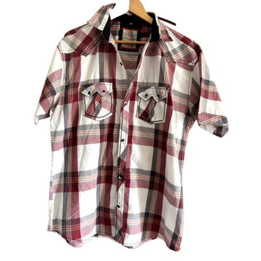 Mens XXL Short Sleeve‎ Red Plaid Button Down Shirt cowboy rodeo preppy festival